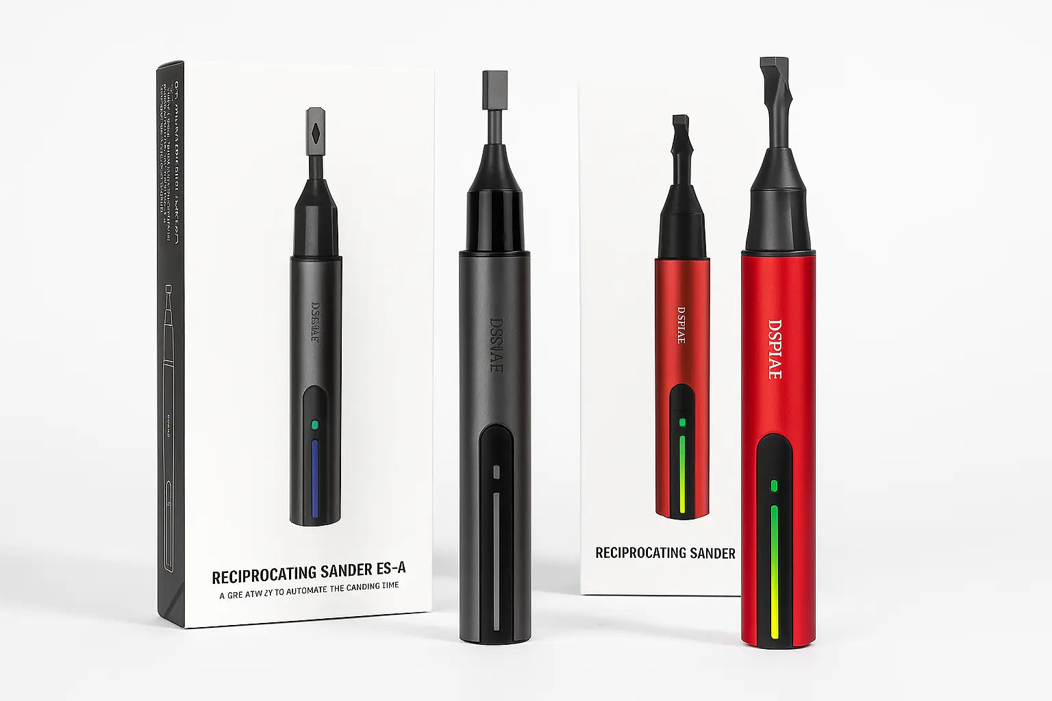 Comparison of DSPIAE ES-A and ES-A PRO electric reciprocating sanders with their packaging, showing the original black model and the upgraded red PRO version side by side.