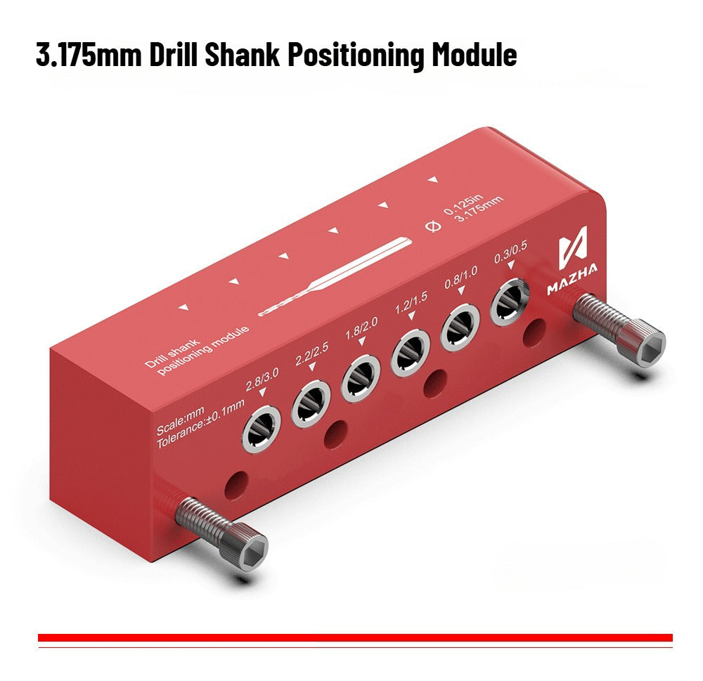 Red drill shank positioning module with measurement scales and MAZHA branding on a white background.