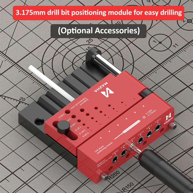 Red drill bit positioning module with text on a grid background
