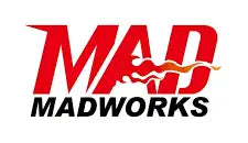 Red and black madworks logo with flame design on white background.